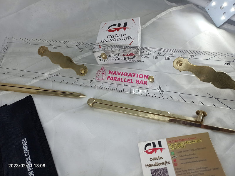 Advance.Man Marine Navigation Parallel Ruler Clear! Folding Parallel Ruler 21 inches with Brass Divider and Brass Pencil Compass 8 inches