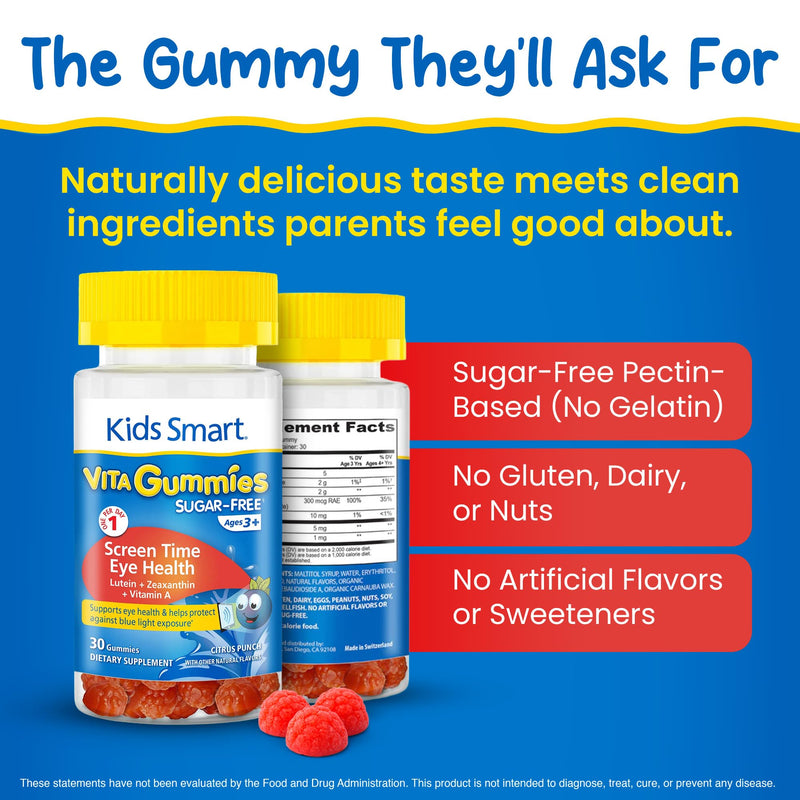KIDS SMART Screen Time Eye Health Lutein Gummies, Vision Support, Kids 3+ | Lutein, Zeaxanthin + Vitamin A, Sugar-Free Vegan Gummies, Filters Blue Light from Screens, Supports Vision & Eyes, 30 Count