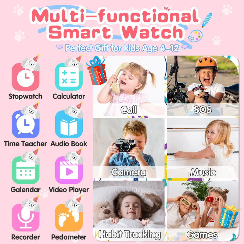 4G Kids Smart Watch – Smartwatch for Kids with Call SOS Music Camera Video Alarm Pedometer Calculator Stopwatch Educational Games, Smart Watch Phone with SIM Card for Boys Girls Ages 4-12(Pink) Pink No GPS - BeesActive Australia