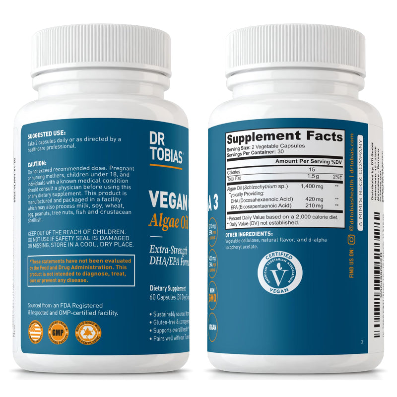 Dr. Tobias Vegan Omega 3 Supplement, 1400mg Algae Oil, 420mg DHA, and 210mg EPA per Serving, Non-GMO, Gluten-Free, Carrageenan-Free, 60 Capsules, 30 Servings (Pack of 2) 60 Count (Pack of 2)