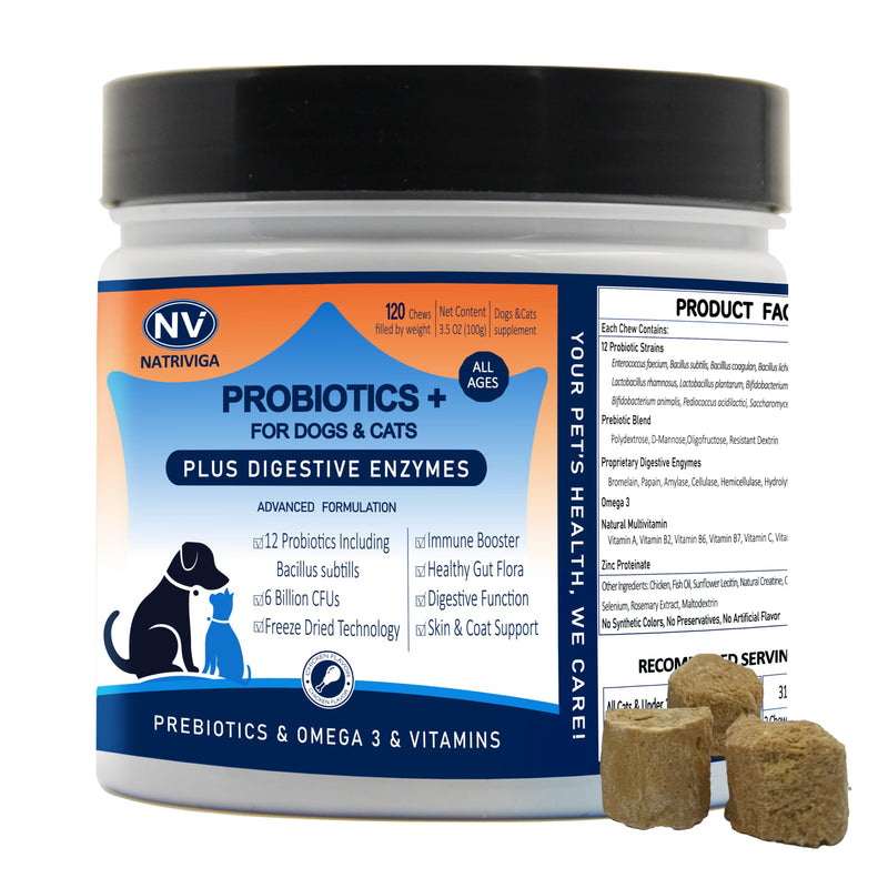 Freeze-Dried Probiotics for Dogs - Support Gut Health, Itchy Skin, Allergies, Immunity, Yeast Balance - Plus Digestive Enzymes, Omega-3, Zinc & Prebiotics - Reduce Diarrhea, Gas - (Chicken, 120 Chews)