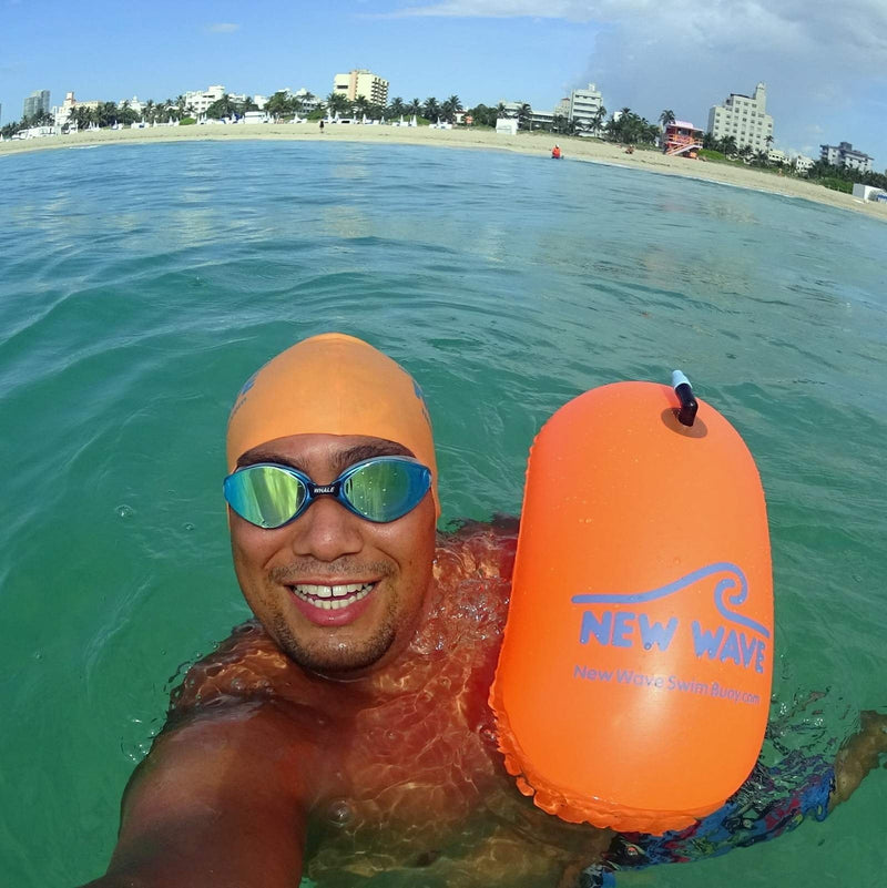 New Wave Swim Bubble for Open Water Swimmers and Triathletes - Be Bright, Be Seen & Be Safer with New Wave While Swimming Outdoors with This Safety Swim Buoy Tow Float Orange Bubble