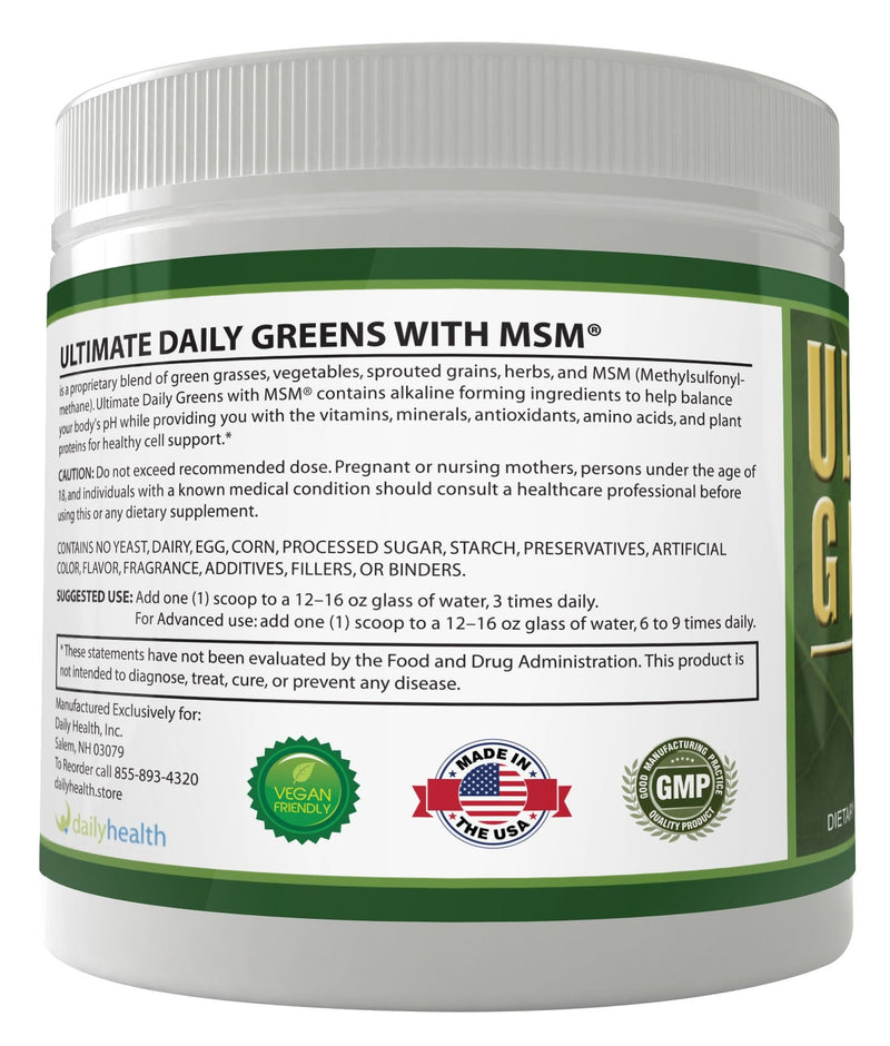 Daily Health, Ultimate Greens with MSM Powder, Vegan Friendly Natural Ingredients Gluten Soy Free NO GMO Superfood Vegetable Nutritional Drink Alkalizing Energy 8oz 1 Pack (1 Month Supply) 8 Ounce (Pack of 1)