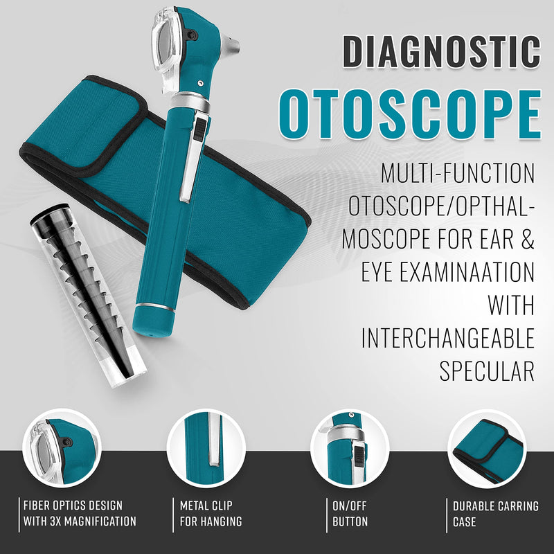 SURGICAL ONLINE Fiber Optic Mini Otoscope Rainbow Many Colors - Pocket Otoscope with Case ENT Diagnostic Set w/Extra Bulb Included (Teal) - BeesActive Australia
