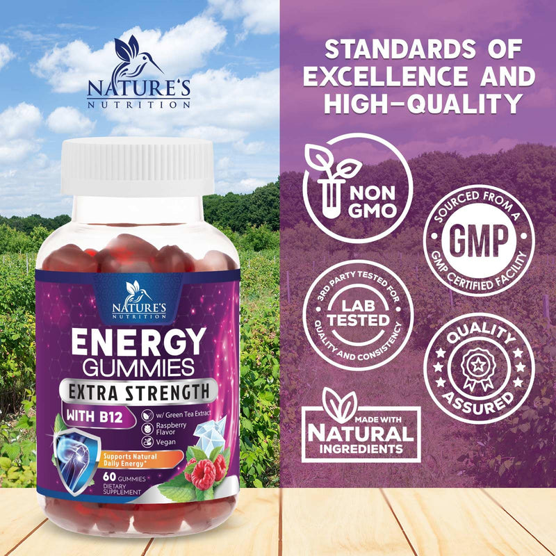 Energy Gummies - Vitamin B12 1000 mcg Per Serving - Daily Energy Chews with Natural Caffeine from Green Tea, Berry Flavored B12 Gummy Exercise Supplement for Running Cycling & Sports - 60 Gummies 60 Count (Pack of 1)