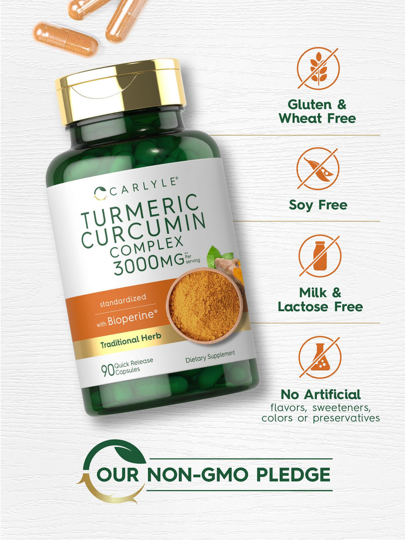 Carlyle Turmeric Curcumin with Black Pepper 3000mg | 90 Powder Capsules | Complex Supplement with Bioperine | Non-GMO, Gluten Free - BeesActive Australia