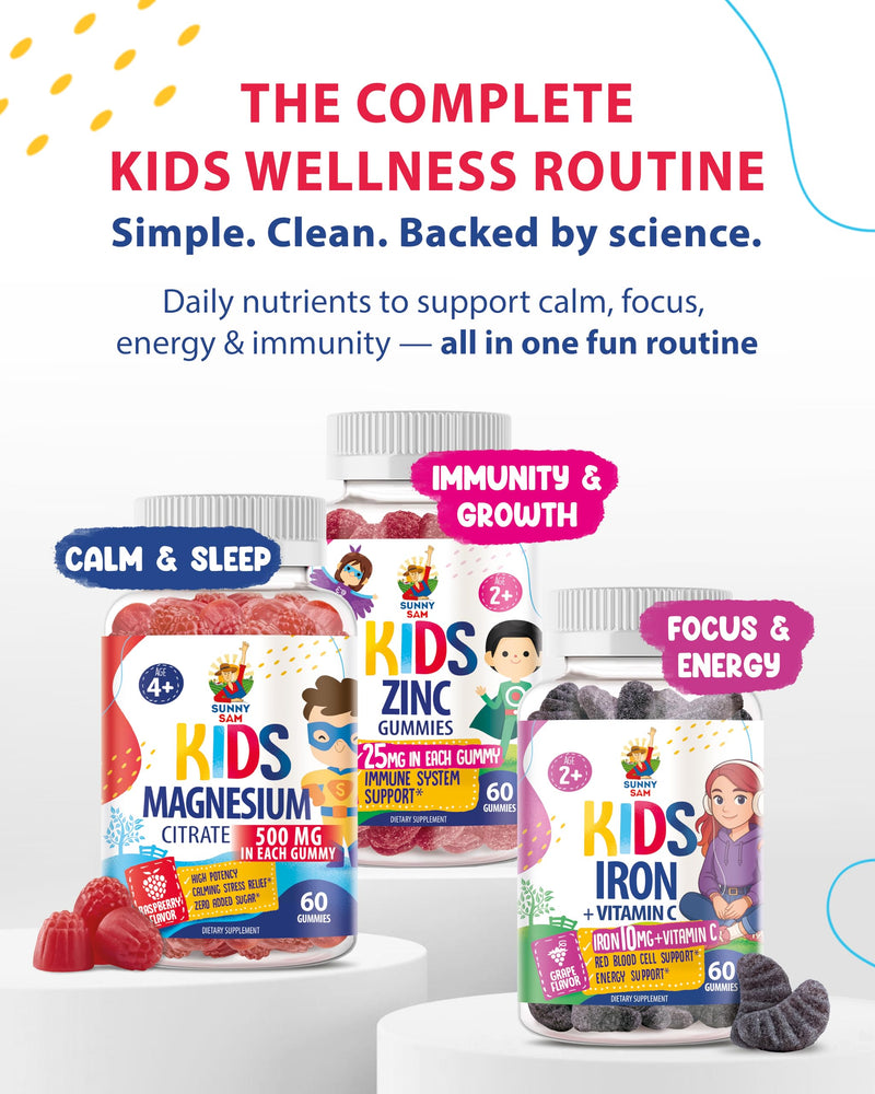 SUNNY SAM Iron Gummies for Kids & Teens - 10mg Vitamins with Vitamin C - Low-Sugar Chewable Iron Gummy Supplement for Immune Support, Supports Red Blood Cell Production for Children & Teen Girls 60 Count (Pack of 2)