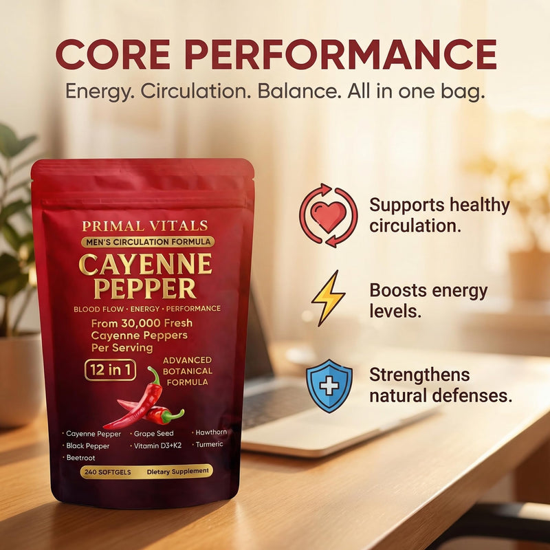 Primal Vitals Cayenne Pepper Softgels - Apex Vitals 12-in-1 Botanical Blend with Grape Seed, Hawthorn, Turmeric, Beetroot, Black Pepper & Vitamin D3 + K2, Wellness & Circulation Support - 240 Softgels