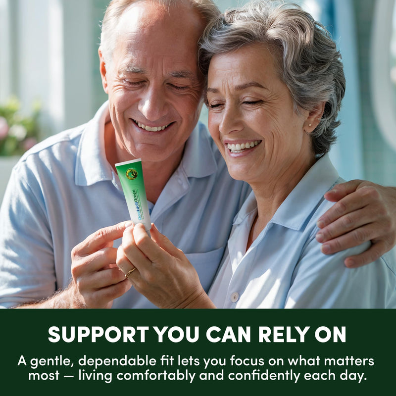 Denttach Green Denture Adhesive, Petroleum Free Olive Oil Based Denture Cream for Full and Partial Dentures, All Day Secure Hold Premium Denture Glue, Zinc Free, 2.4 Ounce