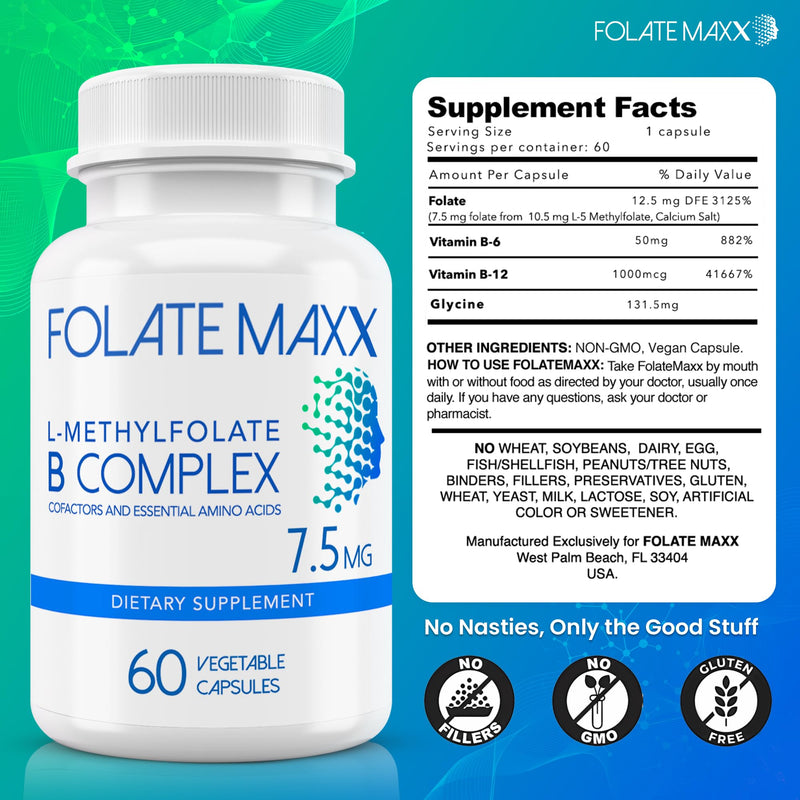 L Methylfolate 7.5mg with Active Vitamin B Complex – 60 Capsules – High Potency 5-MTHF with B6 Blend and Methyl B12 Supplement – 3-in-1, Non-GMO, Gluten Free (2-Month Supply) 1 Count (Pack of 60)