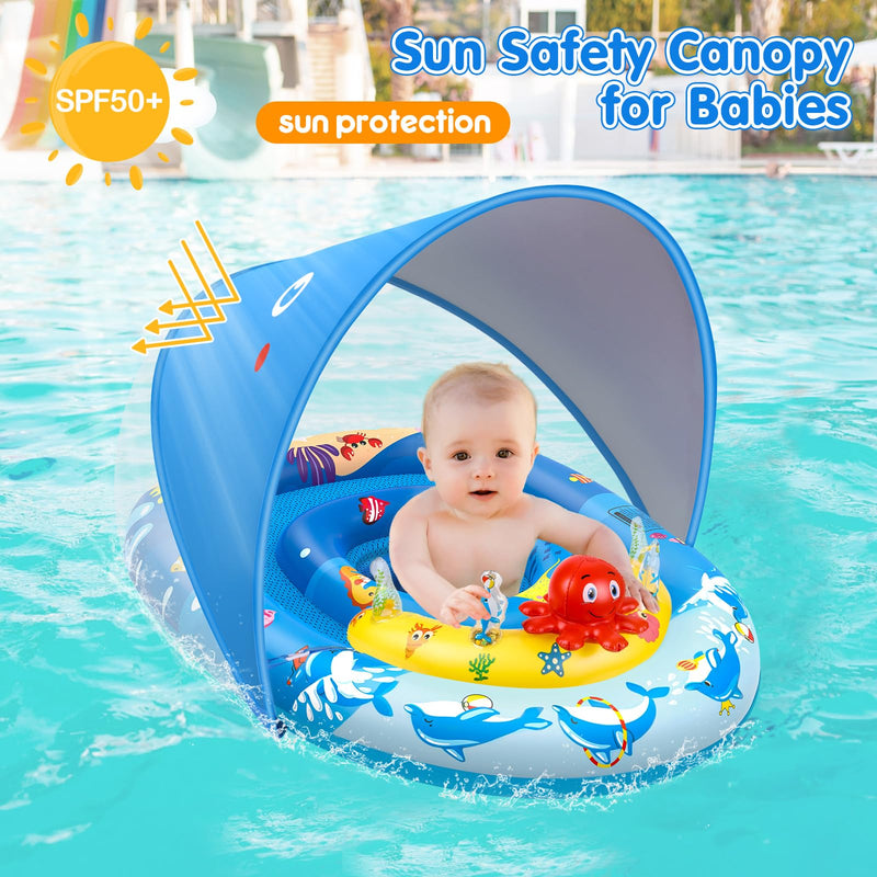 EZIGO Baby Pool Float with Canopy UPF50+ Sun Protection, Inflatable Kids Pool Floats with Ocean Animal Toys for Baby 6-36 Months, Infant Swimming Float with Adjustable Safety Seat for Boys Girls blue - BeesActive Australia