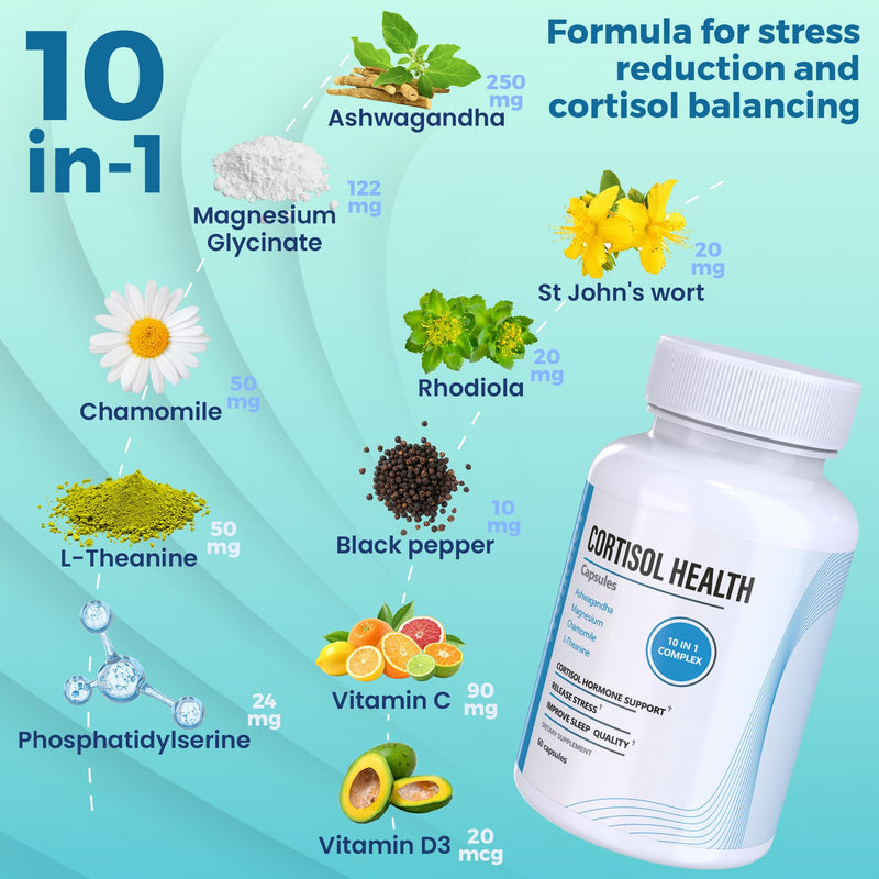 10-in-1 Cortisol Supplements with Magnesium, Ashwagandha, Chamomile, L-Theanine, St. John's Wort, Rhodiola, 60 Capsules, Cortisol Supplements For Women -& Men, Cortisol Reducer, High cortisol