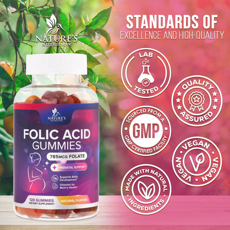 Folic Acid Gummies - Essential Prenatal Vitamins for Women - Daily Folate Vitamin B9 for Mom & Baby Development Support - Before During & After Pregnancy, Natural Orange & Cherry Flavor - 120 Gummies 120 Count (Pack of 1)