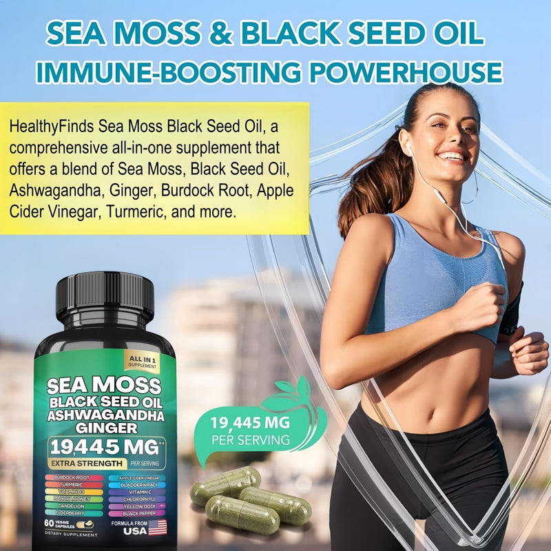 Sea Moss Black Seed Oil Ashwagandha Ginger Capsules with Turmeric Bladderwrack Burdock & Vitamin C Vitamin D3 with Elderberry Manuka Dandelion Yellow Dock Iodine Chlorophyll ACV