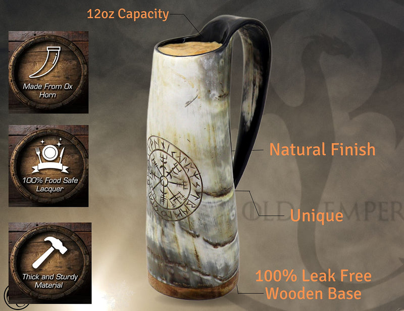 Viking Drinking Coffee Mug- 12oz| Gifts for Men & Women| Real Ox Horn| Food Grade Medieval| Hot and Cold Liquids| Engraved Natural Shine Finish (Compass) Coffee Viking, Natural