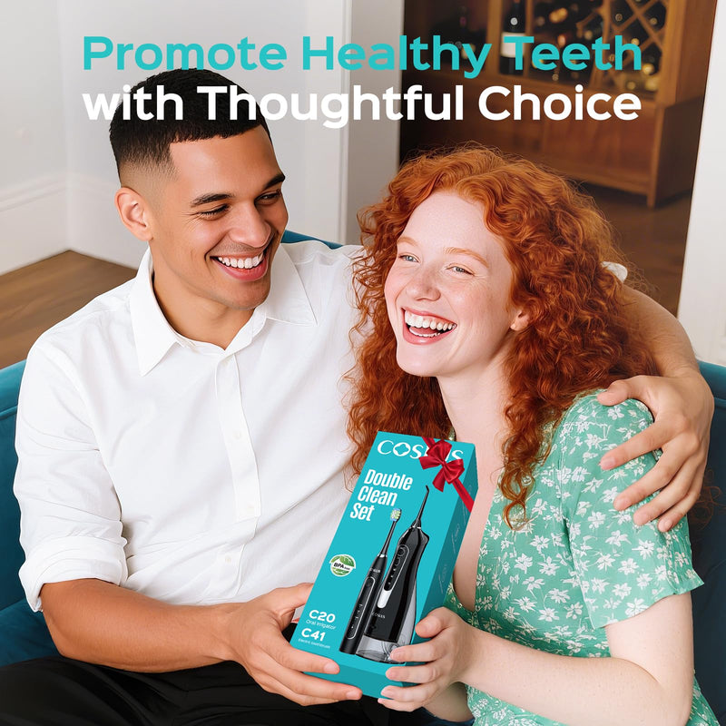 COSLUS C20 & C41 Portable Water Flosser with Electric Toothbrush Combo: 2-in-1 Oral Clean Kit for Teeth, Braces, Gums Care - Brushing & Flossing for Adults, Family, Travel Use, BPA-Free, Black - BeesActive Australia