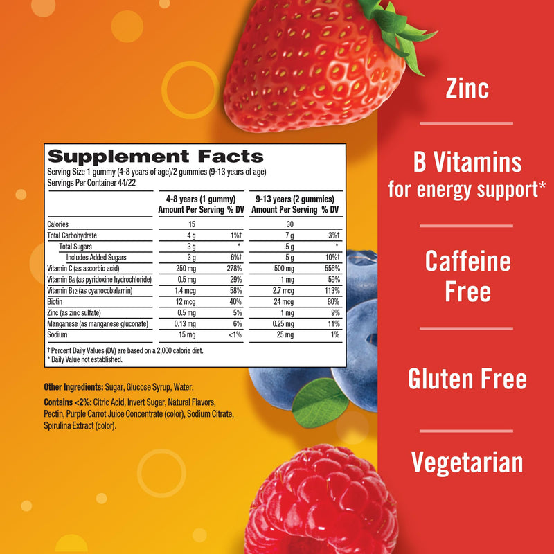 Emergen-C Kidz Vitamin C 250mg Gummies, Immune Support, Berry, 44 Gummies | B Vitamins for Energy, Gluten Free, Caffeine Free, Naturally Flavored, Kids Approved Berry Gummies Berry Bash 44 Count (Pack of 1)