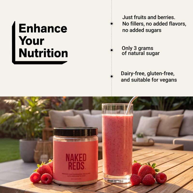 NAKED Reds Superfood Powder - Healthy, Energizing Polyphenol Fruit Powder Mix, No Fillers, No Additives, Vegan, Non-GMO, Gluten Free - 28 Servings