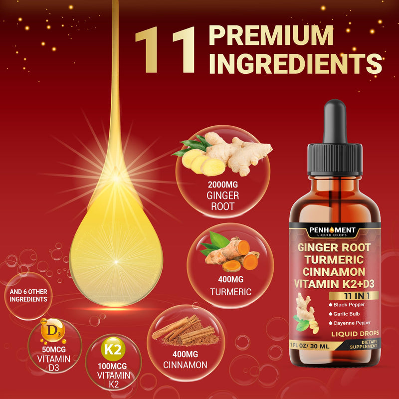 11in1 Liquid Ginger Extract with Liquid Turmeric, Ceylon Cinnamon Drops, Vitamin D3, Vitamin K2, Berberine Extract, Garlic, Black Pepper - Drops Extract - 1FL Oz - 2 Month Supply