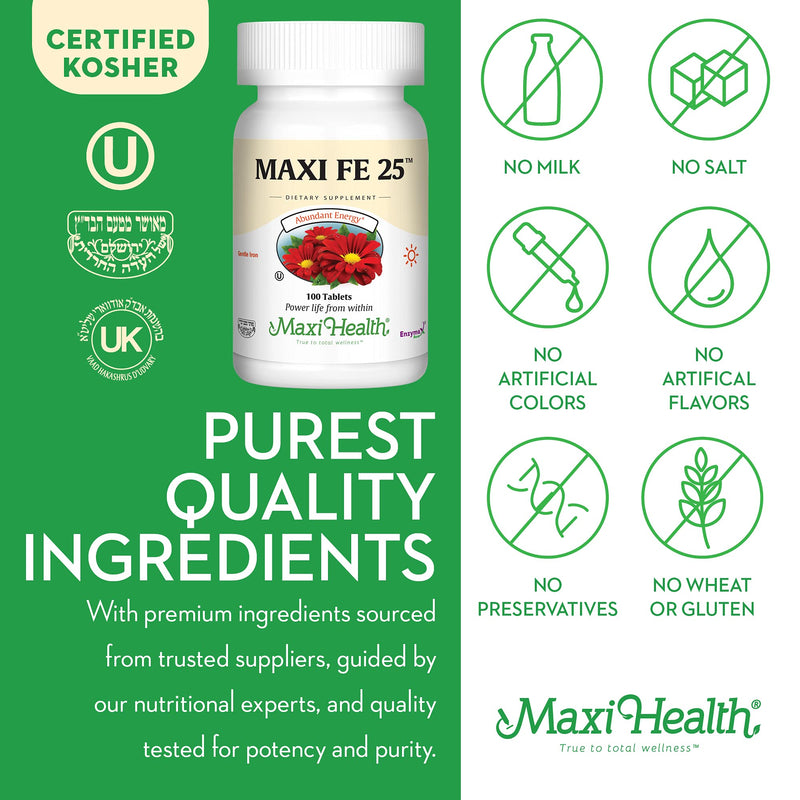 Maxi Health Iron Supplement for Women & Men - Gentle Iron 25 mg for The Stomach - Non Constipating* Pills - Kosher - Non GMO - Vegetarian (100 Tablets) | Kosher | Gentle Non-Constipating Iron | Chelated Iron & Red Blood Cell Support | Vegetarian | Doct...