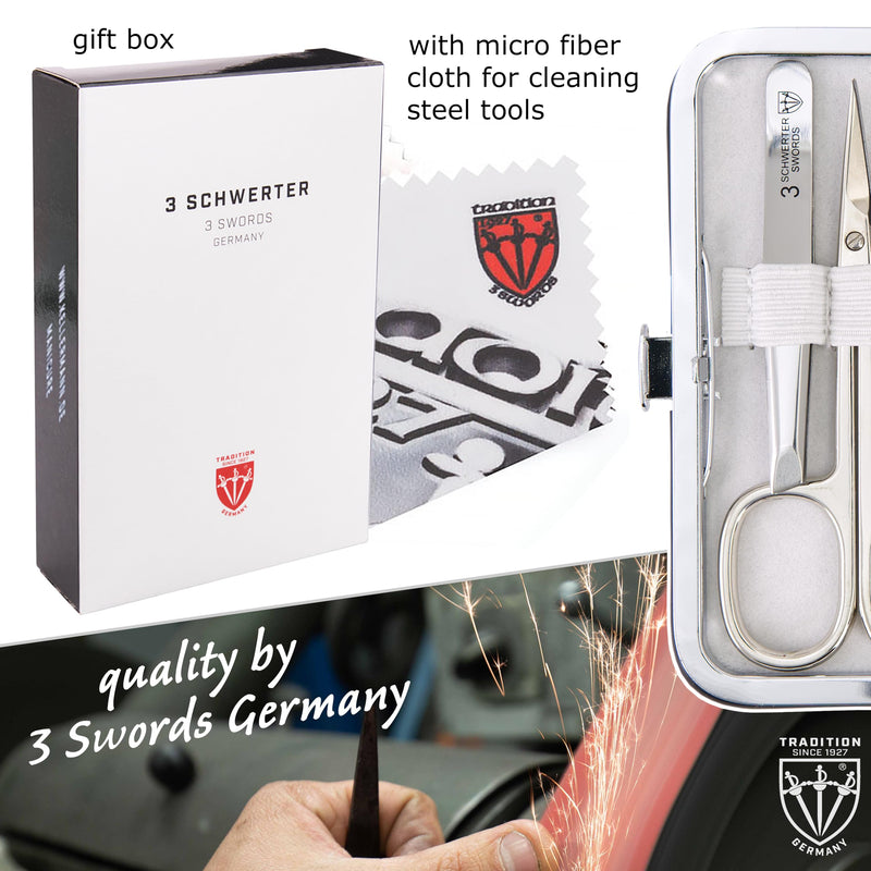 3 Swords Germany - Brand Quality 6 piece Manicure Pedicure Grooming kit Set - Scissors, Metal and Glass Nail File, Clipper, Tweezers with Synthetic Leather case - White