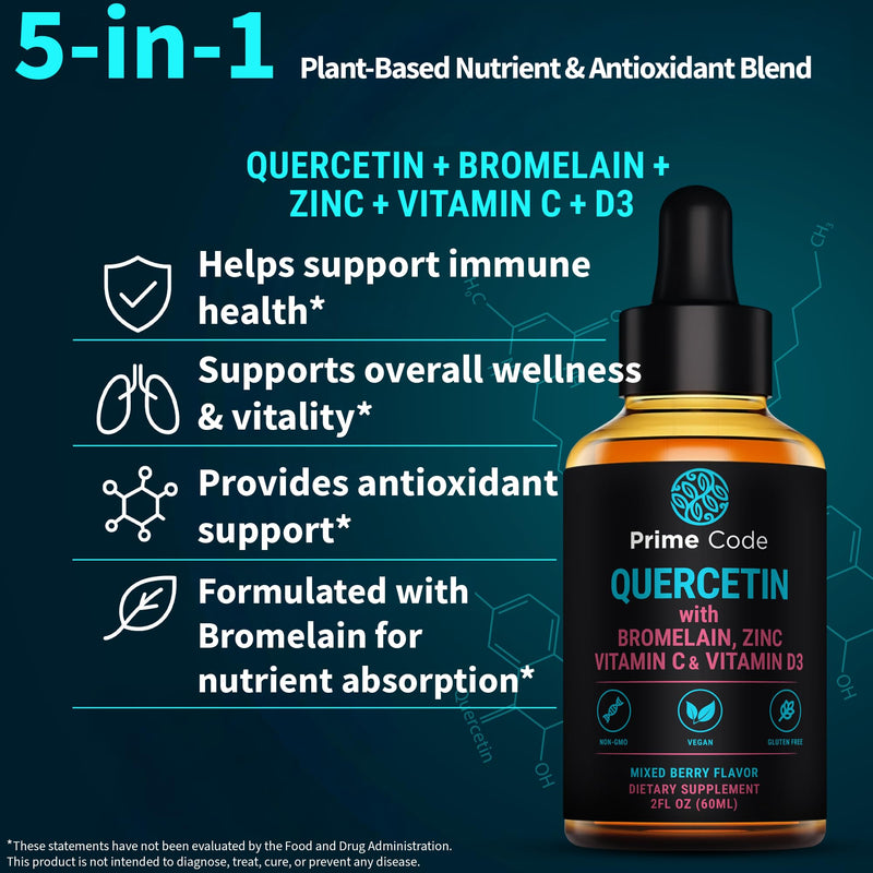 Prime Code Quercetin Liquid with Bromelain, Zinc, Vitamin C & D3 – Mixed Berry Flavor – Vegan, Non-GMO, Gluten Free Antioxidant & Immune Support Supplement – High Absorption 2 fl oz (60mL)