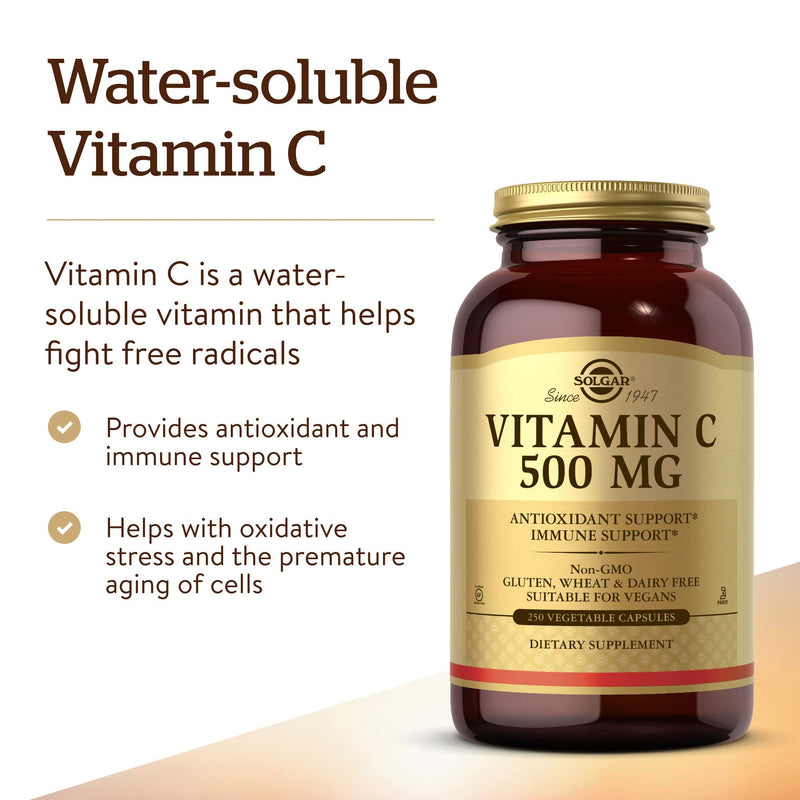 Solgar Vitamin C 500 mg, 250 Vegetable Capsules - Overall Health | Antioxidant & Immune Support - Supports Healthy Skin & Joints - Non GMO, Vegan, Gluten Free, Kosher - 250 Servings Unflavored 250 Count (Pack of 1)