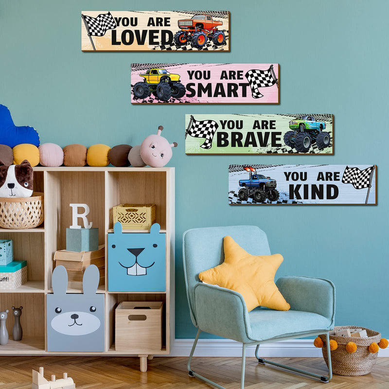 4 Pcs Truck Bedroom Wall Decor for Boys Construction Trucks Boys Room Decor Inspirational Racing Car Wooden Hanging Sign Motivational Quote Car Decoration for Kid Nursery Playroom Kindergarten - BeesActive Australia