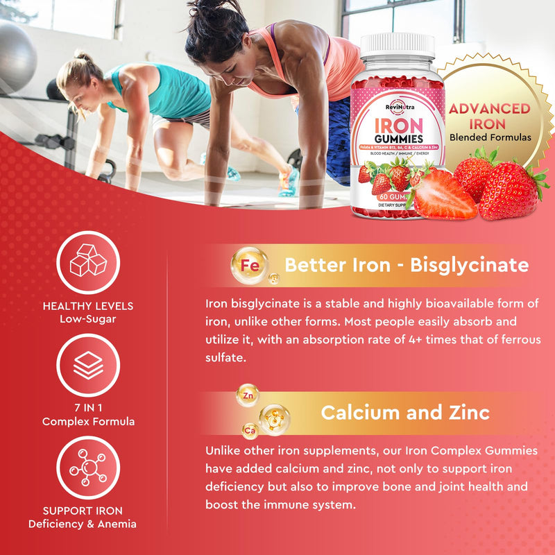 Iron Gummies - with Calcium, Zinc, Folate & Vitamin B12, C,B6 for Adults & Kids - Blood Builder & Energy Support for Iron Deficiency, Anemia, Vegan - 60 Gummies Strawberry 60 Count (Pack of 1) - BeesActive Australia