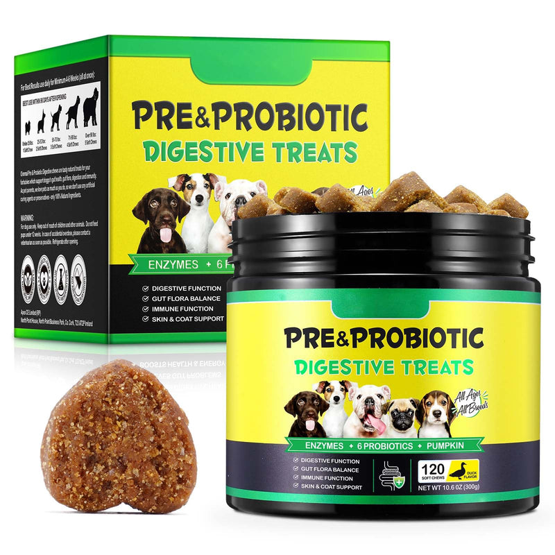 Probiotics for Dogs, Probiotics Supplements (120 Chews) with Pumpkin Powder & Flaxseed Powder for Dog, Immune Function & Digestive Support, Dog Probiotic Chews Great for All Breeds Dogs, Duck Flavour 10.6OZ