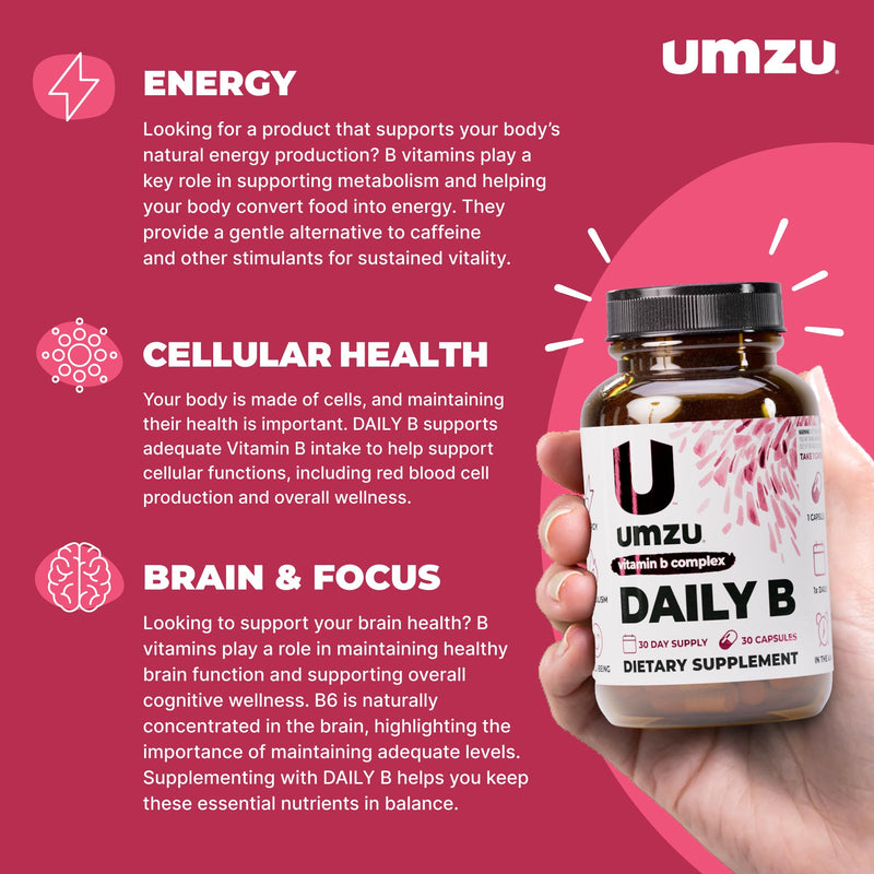 UMZU Daily B Vitamin B Complex, 30 Day Supply | Vitamins B1, B2, B3, B5, B6, B7, B9 and B12, Folic Acid and Biotin, Energy, Focus, Mood and Metabolism Support