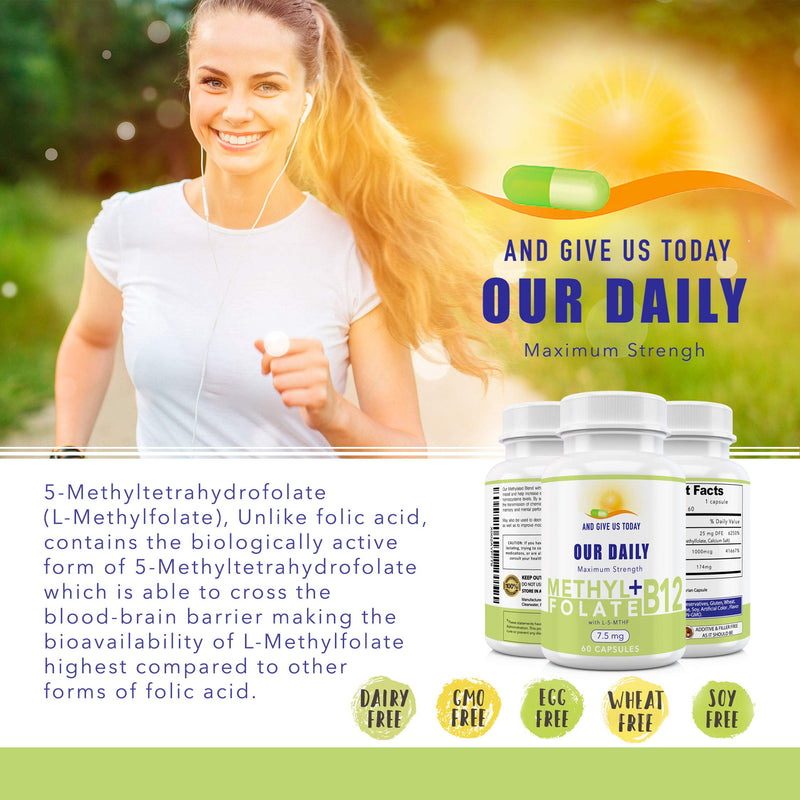 L-Methylfolate 7.5 mg N B 12 1000 mcg 60 Capsules - Methylated Glycine - Boost Mood, Energy & Memory - Immune Support & VItamin Supplement for Men & Women - Non-GMO, Vegetarian Capsules