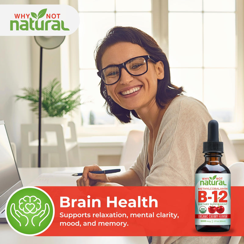 Why Not Natural Organic Vitamin B12 Liquid - Sublingual Extra Strength 60 x 5000 mcg Methylcobalamin Drops, Vegan, Maximize Absorption and Energy 2 Fl Oz (Pack of 1)