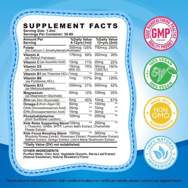 Kids Focus and Attention Supplements with Phosphatidylserine, Omega-3, Magnesium Glycinate & L-Theanine, Brain Vitamins Liquid Drops for Kids Memory, Cognitive, Sleep, Calm & Mood, Strawberry, 4 Fl Oz 4 Fl Oz (Pack of 1)