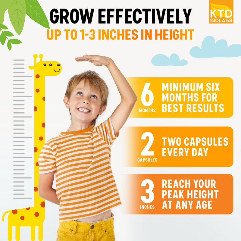 Kids Height Growth Support Capsules – Extended Supply Development Formula with Calcium, Vitamin D3 & Zinc – Bone & Nutrition Support for Kids & Teens – Amino Blend – 120 Capsules 120 Count (Pack of 1)