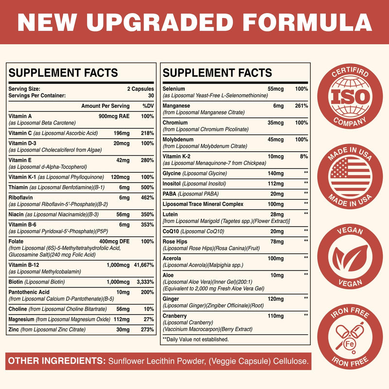Sambugra Liposomal Multivitamin for Women 50+ - Women Daily Multivitamin with 32 Ingredients, CoQ10, Vitamins C, B, D, E for Cardiovascular & Bone Health Support - Iron-Free (60 Capsules) 60 Count (Pack of 1)