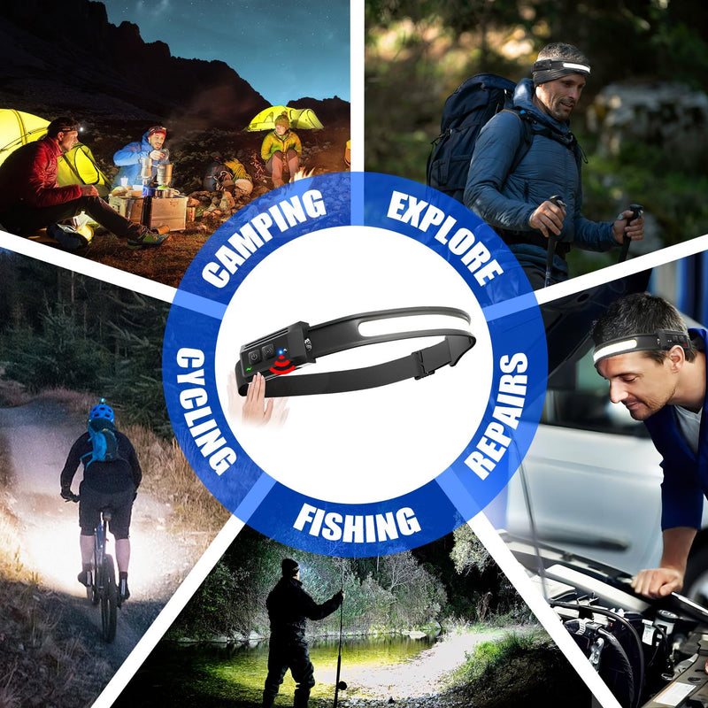 Headlamp Rechargeable 6 Pack, 230° Wide Beam LED Headlamp with 2 Spotlights, Motion Sensor, 5Mode LED Headlamp, Head Lights for Forehead, Headlamps for Adults Running Hard Hat