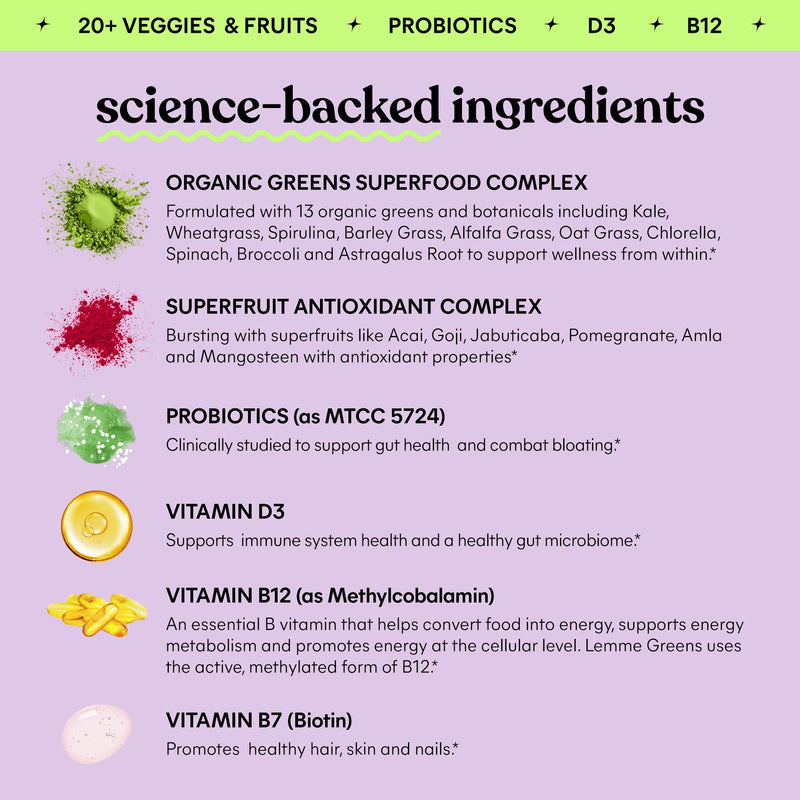 Lemme Greens Superfood Gummies, 30-Day Supply | Support Gut Health & Reduce Bloating, 20+ Organic Greens and Superfruits, Clinically Studied Probiotics, D3, B12