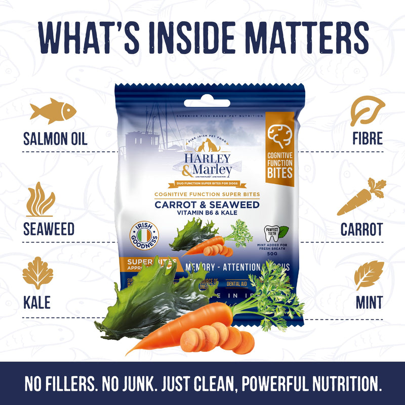 Harley & Marley Cognitive Function Super Bites for Dogs - Natural Brain Health Support with Carrot, Seaweed, Vitamin B6 & Kale - Supports Cognitive Development & Mental Focus - 4pk (50/pk) Pack of 4