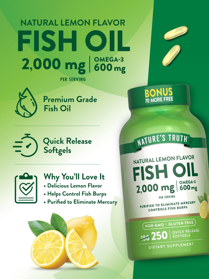 Nature's Truth Fish Oil 2000 mg | 600 mg Omega 3 | 250 Softgels | Natural Lemon Flavor | Non-GMO and Gluten Free Supplement
