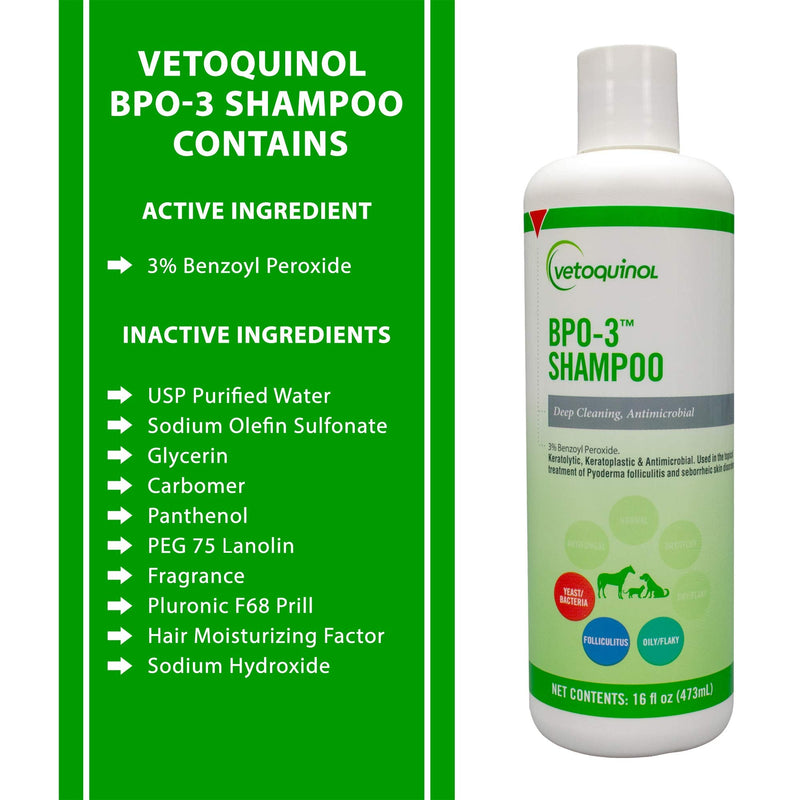 Vetoquinol BPO-3 Shampoo for Dogs, Cats & Horses (3% Benzoyl Peroxide) – 16oz – Deep Cleaning, Medicated Shampoo Opens & Flushes Hair Follicles – Degreases Oily Coats – Soothes Red, Flaky, Itchy Skin - BeesActive Australia