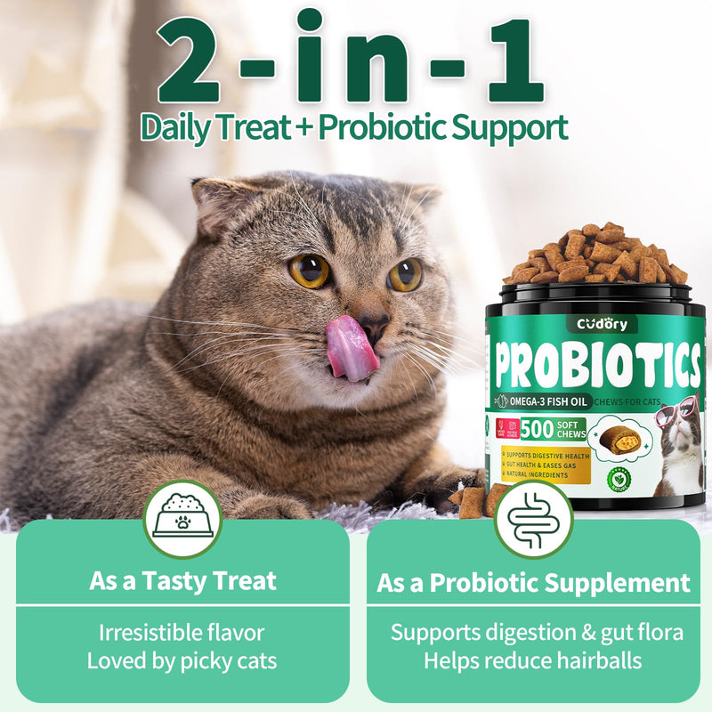 Cudory Chews for Cats Bundle-Allergy Relief for Cats+Cat Probiotics Tasty Chews for Digestive & Gut Support-Omega 3 & Probiotic Natural Cat Supplements-Chicken