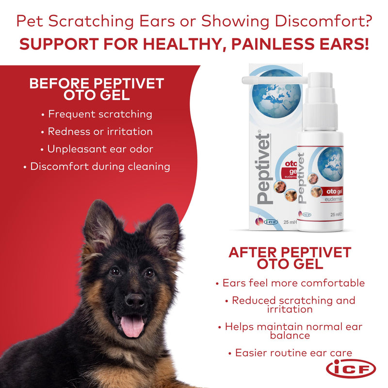 ICF | Peptivet OTO Gel Ear Cleaner Gel for Dogs & Cats | Antibacterial Anti-fungal Yeast Management | Red Itchy Skin Relief | Easy to Use | 25 ml