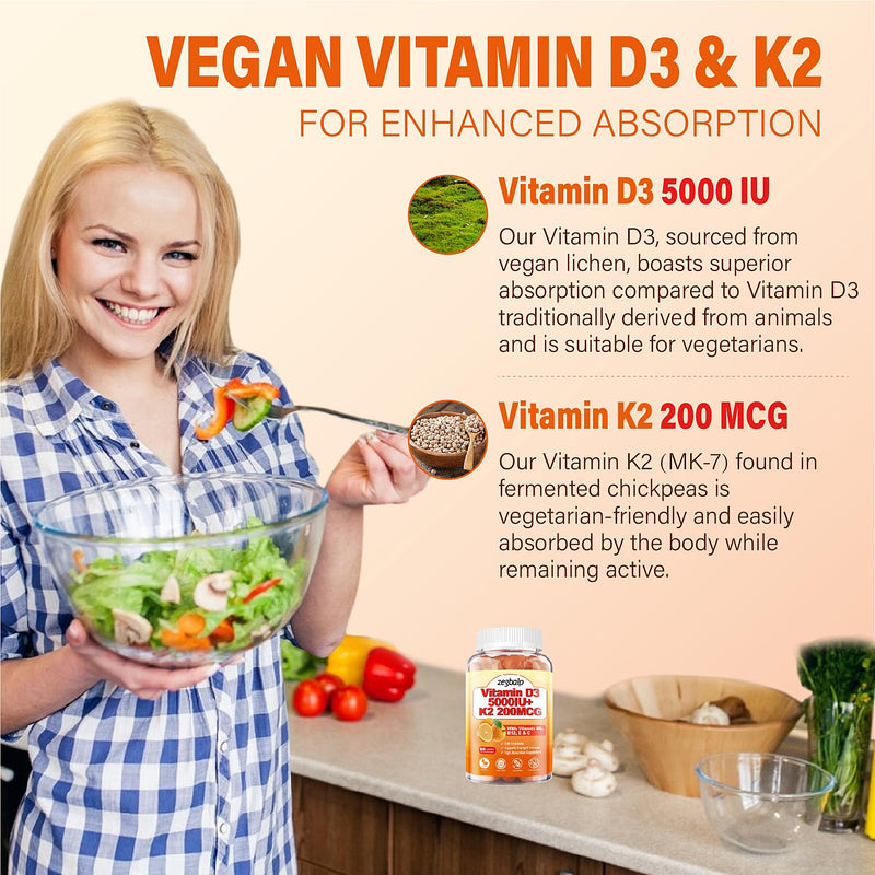 Vitamin D3 K2 Gummies for Adults - Vitamin D3 5000IU & K2(MK-7) 200mcg | Vitamin D3 Supplement with Vitamins B Complex, Vitamins C E for Women and Men - Vegan, Gluten Free, 2Packs 120 Count