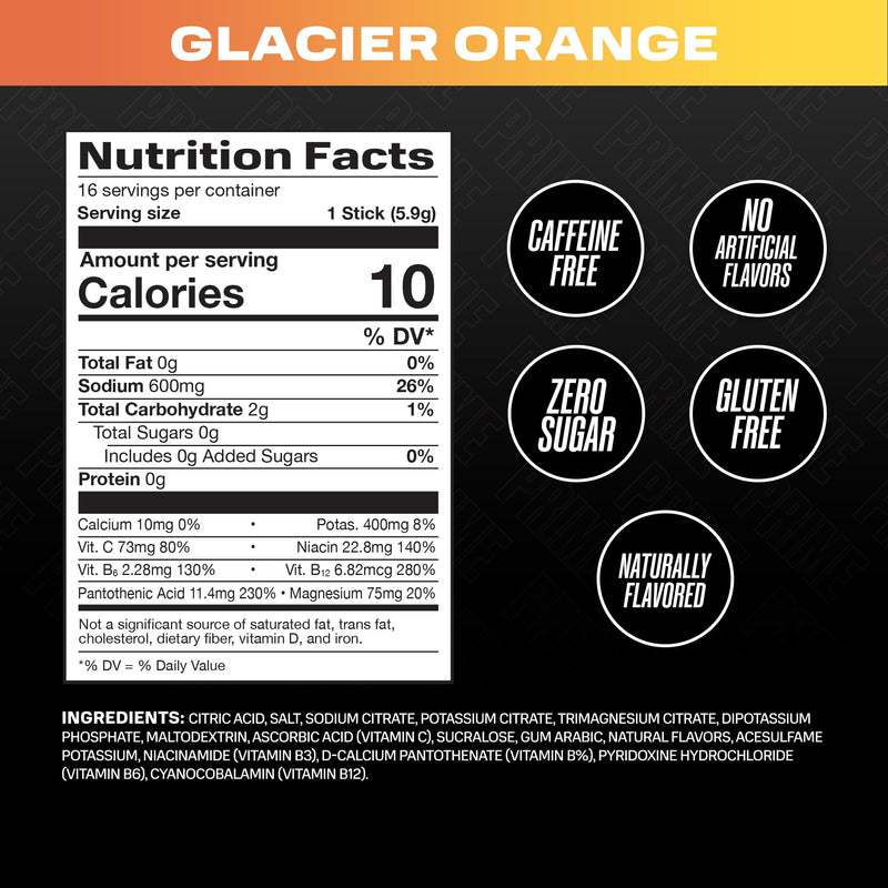 PRIME Rapid Rehydration Electrolyte Powder Sticks, Glacier Orange, Sugar Free Hydration Drink Mix with Sodium, Potassium, Magnesium & B Vitamins to Replenish Fluids, Caffeine Free, 16 Count