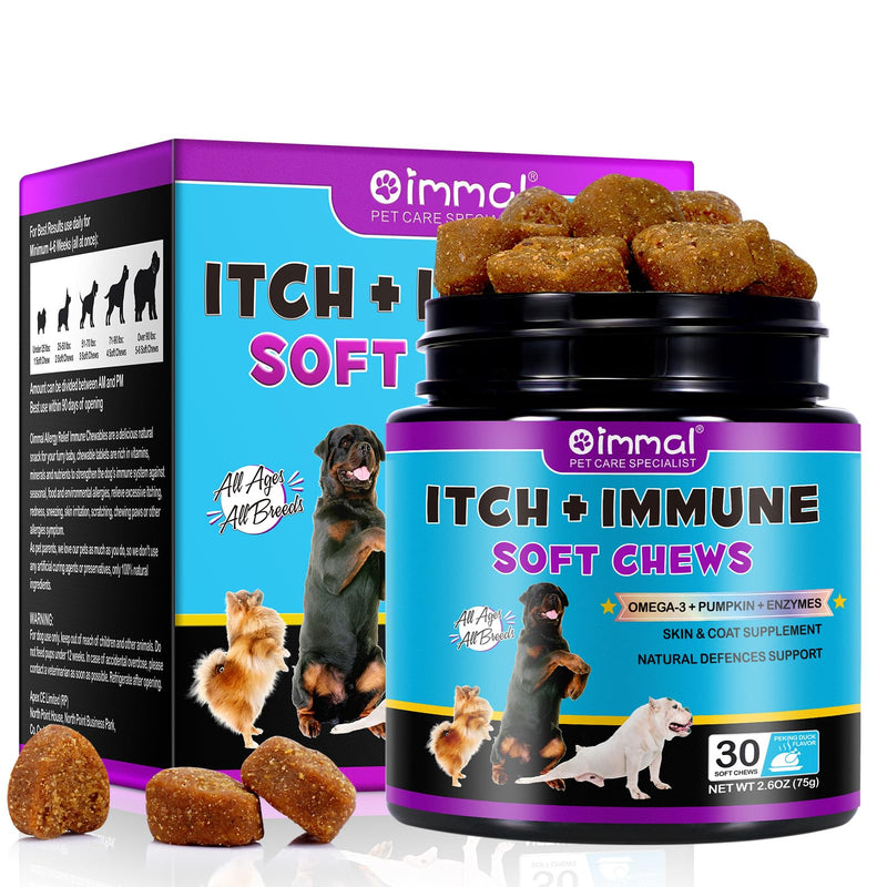 Dog Allergy Relief Chews for Dogs - Skin & Coat Supplement with Omega-3, Pumpkin & Enzymes - Itch & Immune Support Soft Chews for Itchy Skin, Natural Defences - 30 Chews