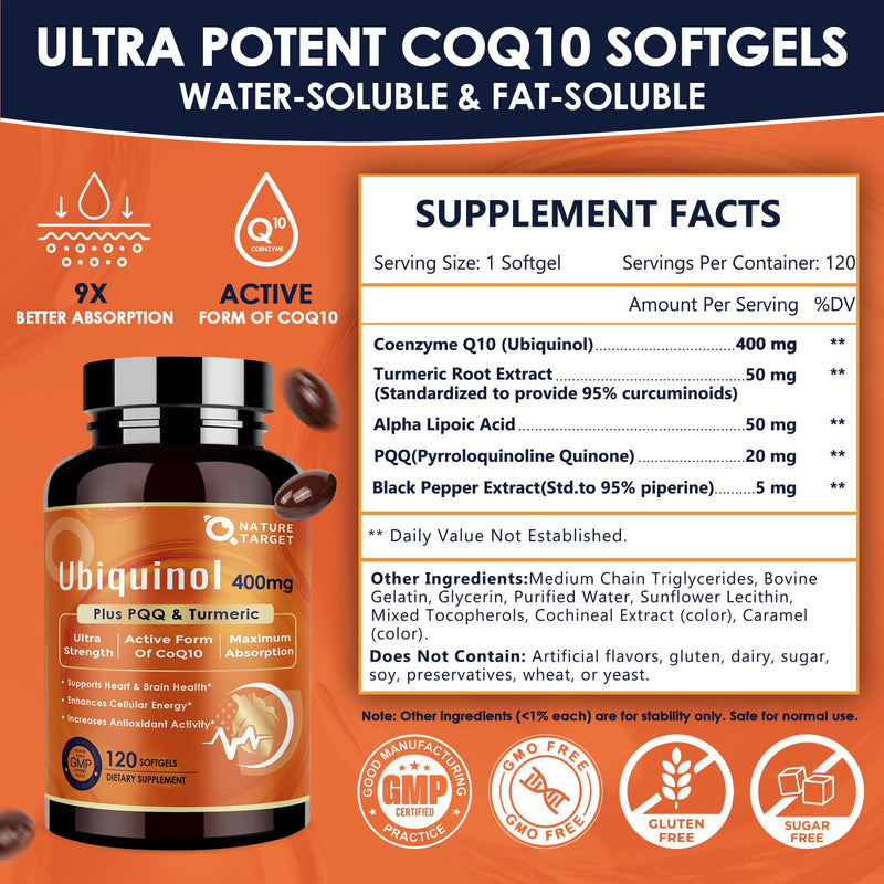 NATURE TARGET Ubiquinol CoQ10 400mg with PQQ & Turmeric, 120 Count | High Absorption Coenzyme Q10 with ALA and Black Pepper, Supports Energy Production, Ubiquinol Softgels Formula 120 Count (Pack of 1)
