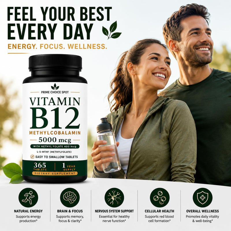 Vitamin B12 5000mcg with Methyl Folate, Methylcobalamin, 365 Tablets | 5000mcg Methylcobalamin + 400mcg L-5-MTHF • One Daily Tablet • Non-GMO • Vegetarian