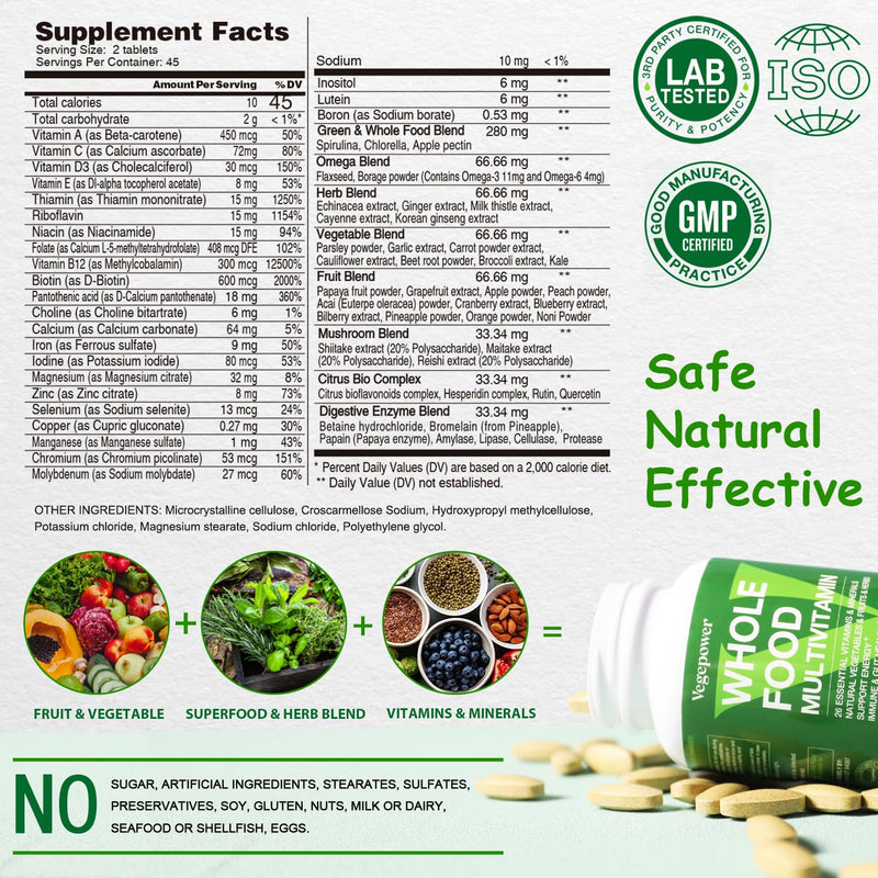 Vegan Whole Food Multivitamins with Iron, 90 Tablets | Daily Multivitamin for Men and Women, Methylated Vitamins, B-Complex, Fruits & Vegetables, Enzymes, Omegas, Mushroom, Non-GMO 90 Count (Pack of 1)