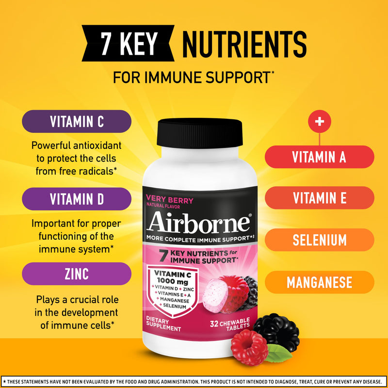 Airborne Very Berry Chewable Tablets, 32ct | Immune Support Supplement with 1000mg Vitamin C + Vitamins A, D, E, Zinc,Selenium, & Manganese | Herbal blend | Gluten Free